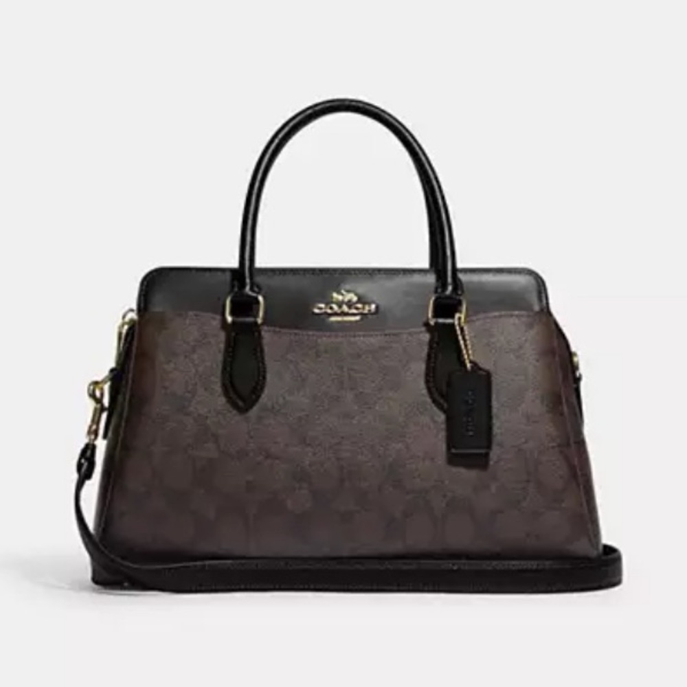 COACH DARCIE CARRYALL IN SIGNATURE CANVAS BROWN/BLACK AND GOLD FULL SIZE